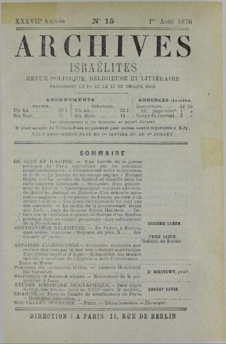 Archives israélites de France. Vol.37 N°15 (01 août 1876)